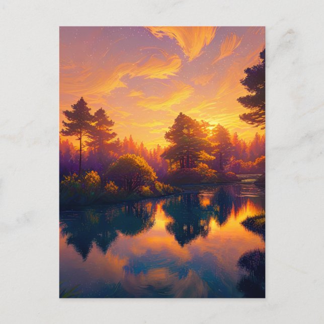 Carte Postale Un coucher de soleil doré captivant peint les arbr (Devant)
