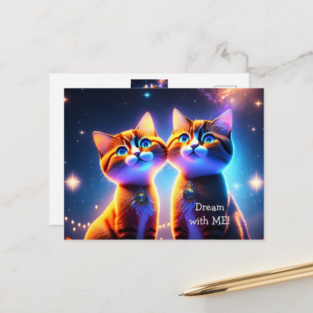 Carte Postale Un couple de chats mignons sous le ciel étoilé - (Devant/Arrière en situation)