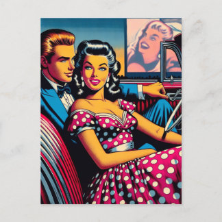 Carte Postale Un couple rétro en voiture à Drive In Movie Theate