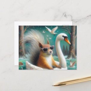 Carte Postale Un écureuil mignon sur une flottille de cygne avec