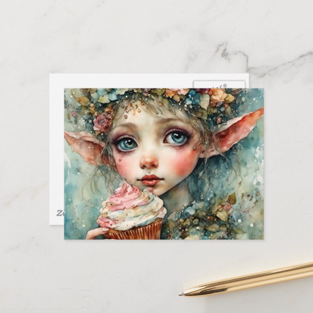 Carte Postale Un elfe adorable avec un gâteau (Devant/Arrière en situation)