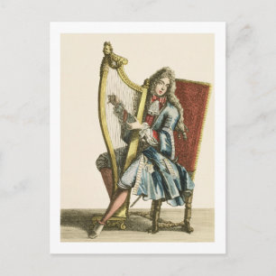 Carte Postale Un gentleman qui joue de la harpe (gravure)