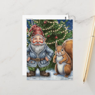 Carte Postale Un Gnome drôle et Noël d'écureuil