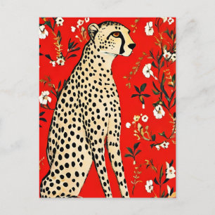Carte Postale Un guépard sur fond rouge avec des fleurs
