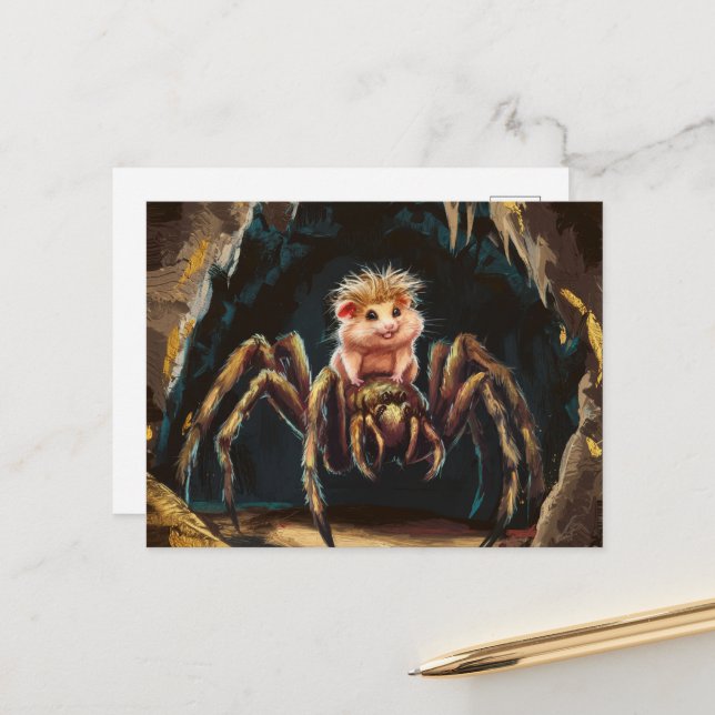Carte Postale Un hamster drôle chevauchant une araignée géante à (Devant/Arrière en situation)