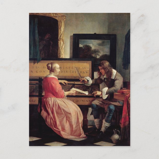 Carte Postale Un homme et une femme assis par une virginale, ver (Devant)