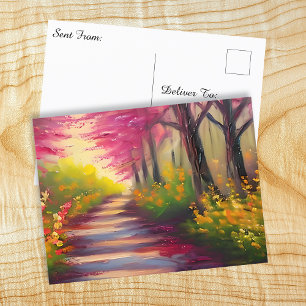 Carte Postale Un joli Randonnée automnal avec Pink Feuilles Trai