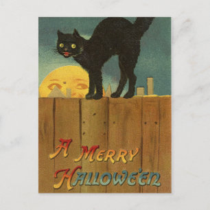 Carte Postale Un joyeux Hallowe en Chat noir Éffrayant Art Vinta
