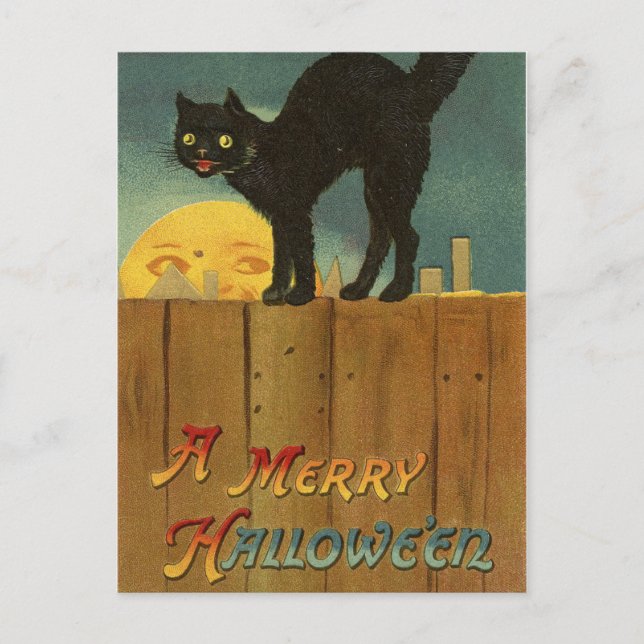 Carte Postale Un joyeux Hallowe en Chat noir Éffrayant Art Vinta (Devant)