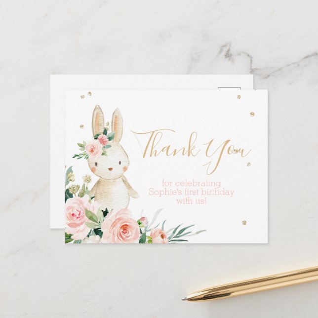 Carte Postale Un lapin devient un premier Merci d'anniversaire (Devant/Arrière en situation)