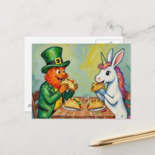 Carte Postale Un lutin et un lapin licorne mangeant des tacos