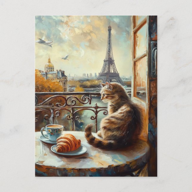 Carte Postale Un matin à Paris | Chat au gingembre dans un café (Devant)