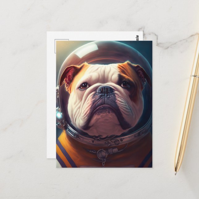 Carte Postale Un mignon astronaute Bulldog (Devant/Arrière en situation)