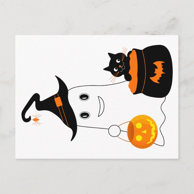 Carte Postale Un mignon fantôme avec chat noir célébrer l'hallow (Devant)