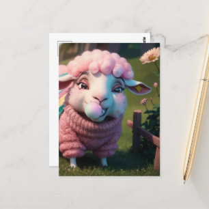 Carte Postale Un mouton amusant dans une gomme à bulle rose pâle