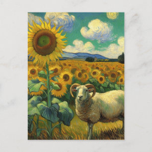 Carte Postale Un mouton avec des cornes dans le champ de tournes