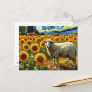 Carte Postale Un mouton dans un terrain de tournesol
