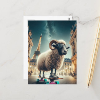 Carte Postale Un mouton de planche à roulettes dans la ville
