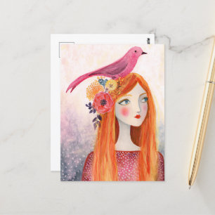 Carte Postale Un oiseau rose dans ses cheveux