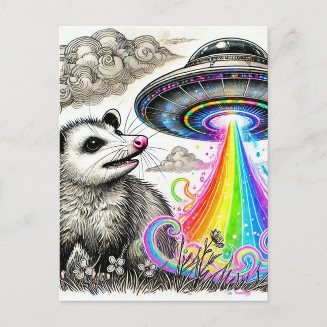 Carte Postale Un opossum mignon et un OVNI (Devant)