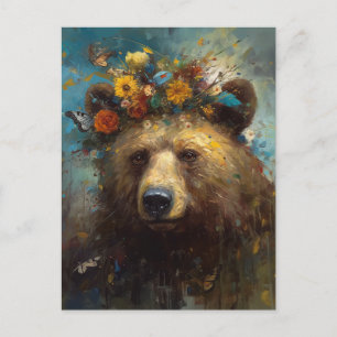Carte Postale Un ours mignon avec couronne fleurie