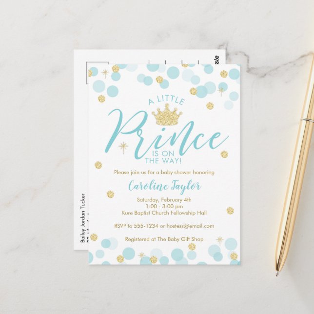 Carte Postale Un petit Baby shower  Blue Gold Parties scintillan (Devant/Arrière en situation)