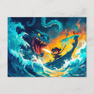 Carte Postale Un petit pirate qui combat un monstre de mer sur l