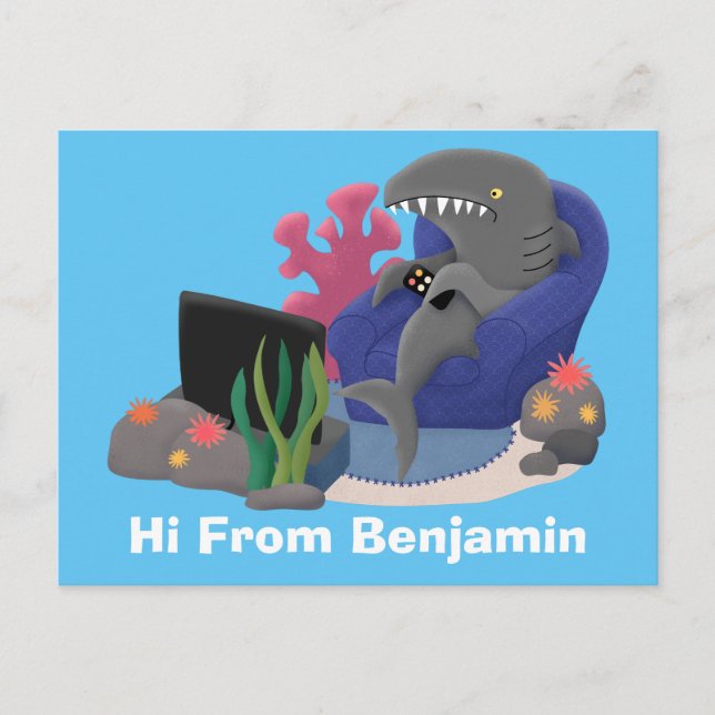 Carte Postale Un requin drôle en regardant la bande dessinée de  (Devant)