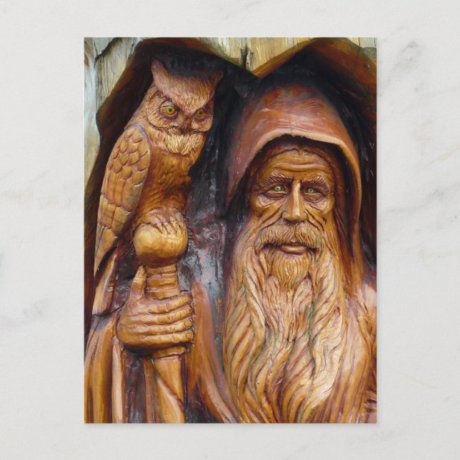 Carte Postale Un sorcier et un hibou émergent de la caverne (Devant)