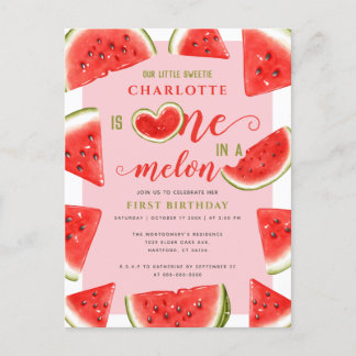 Carte Postale Un sur un melon 1er anniversaire doux pastèque ros