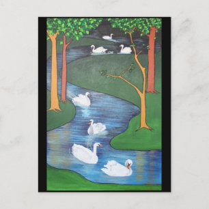 Carte Postale Un troupeau de sept cygnes-une natation