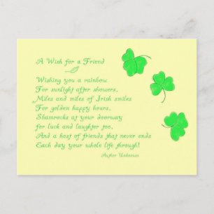Carte Postale Un voeu pour un poème irlandais d'ami+Shamrock
