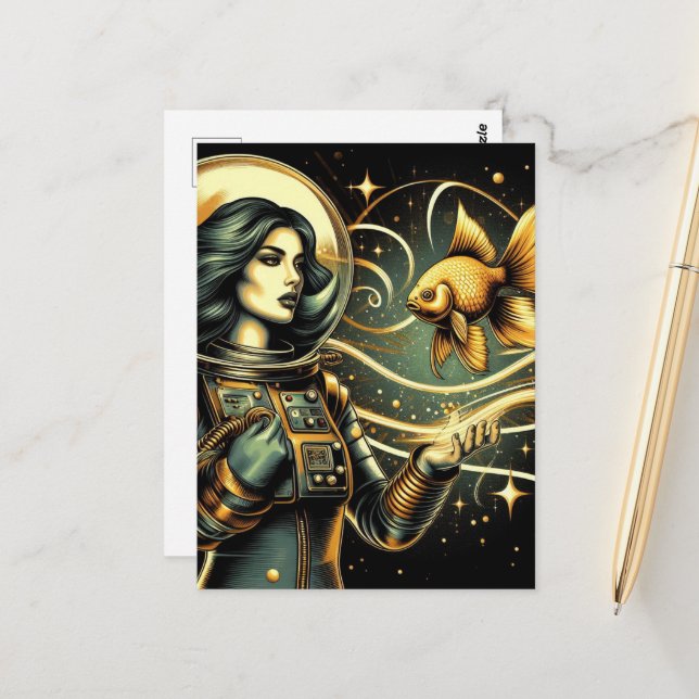 Carte Postale Une astronaute et une scifi de poisson rouge (Devant/Arrière en situation)