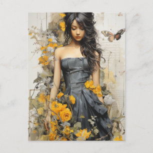 Carte Postale Une belle Femme aux longs cheveux de fleurs jaunes