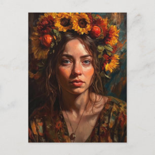 Carte Postale Une belle femme avec des tournesols dans les cheve
