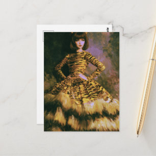 Carte Postale Une belle femme en robe à motif de gros chat