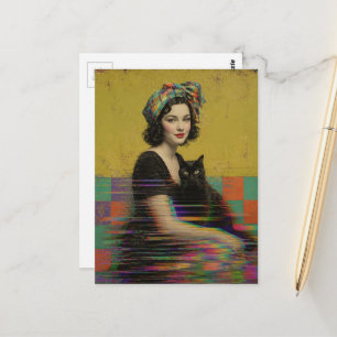 Carte Postale Une belle femme et son chat noir Glitch Art