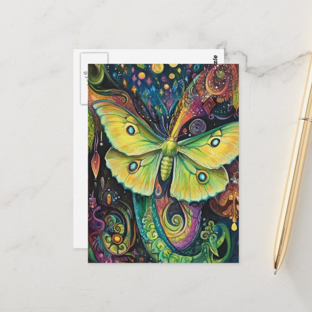 Carte Postale Une belle lune verte papillon de nuit (Devant/Arrière en situation)