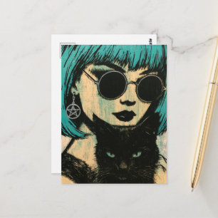 Carte Postale Une belle sorcière avec son chat noir 