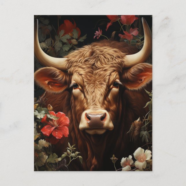 Carte Postale Une belle vache Brown dans les fleurs (Devant)
