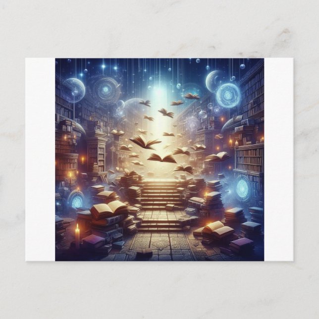 Carte Postale Une bibliothèque magique remplie de livres flottan (Devant)
