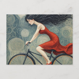 Carte Postale Une dame à vélo en robe rouge
