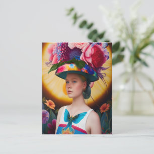 Carte Postale Une dame avec un casquette solaire à fleurs