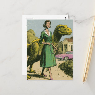 Carte Postale Une dame rétro promène son dinosaure vert