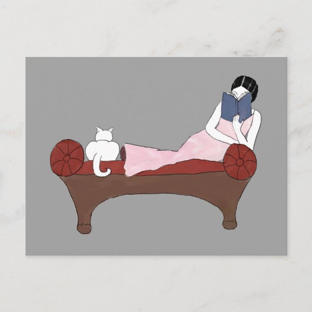 Carte Postale Une dame, un chat et un très bon livre (Devant)
