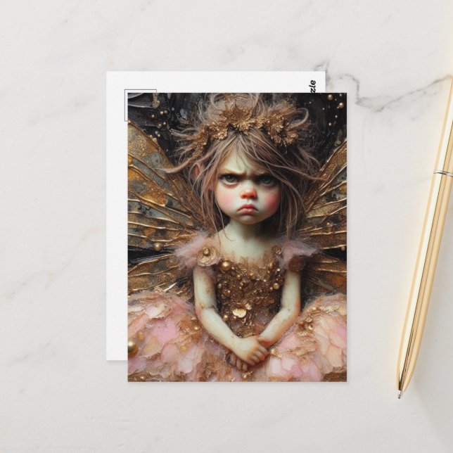Carte Postale Une drôle de fée grincheuse en rose (Devant/Arrière en situation)