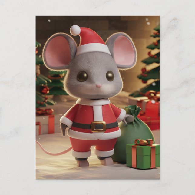 Carte Postale Une drôle de souris Père Noël de Noël (Devant)