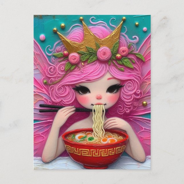 Carte Postale Une Fée Avec Des Cheveux Roses Mangeant Un Ramen (Devant)