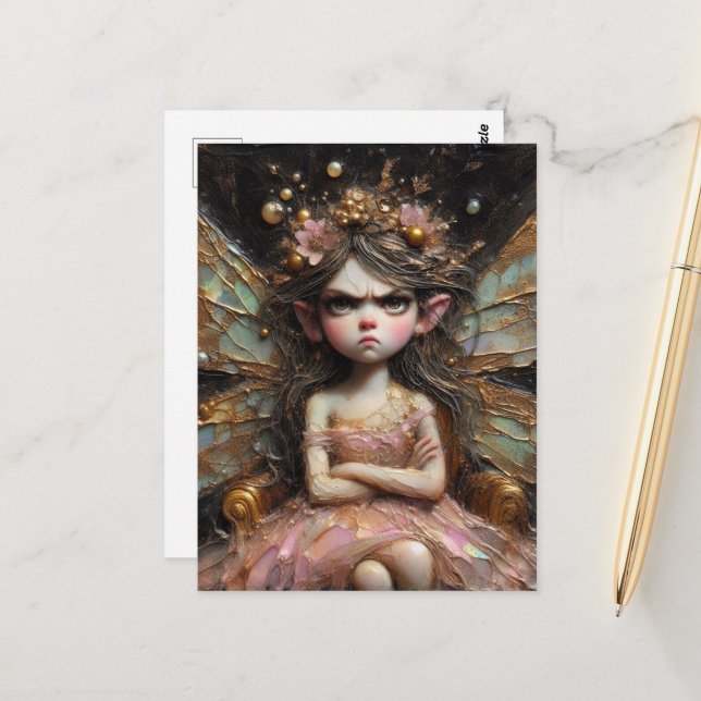 Carte Postale Une fée grincheuse en rose (Devant/Arrière en situation)