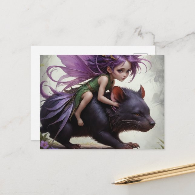 Carte Postale une fée mignonne parcourt un art d'imaginaire diab (Devant/Arrière en situation)